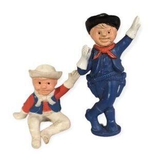 2 Cowboy Rubber Figure Miniature Figurine Toys Blue White Hats Waving Vtg Lot Of